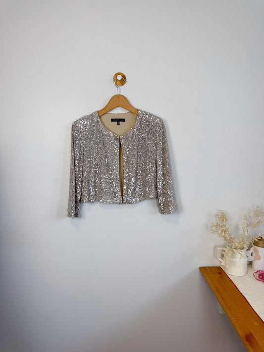Forest Lily Cropped Sequin Jacket in Silver (Size S)