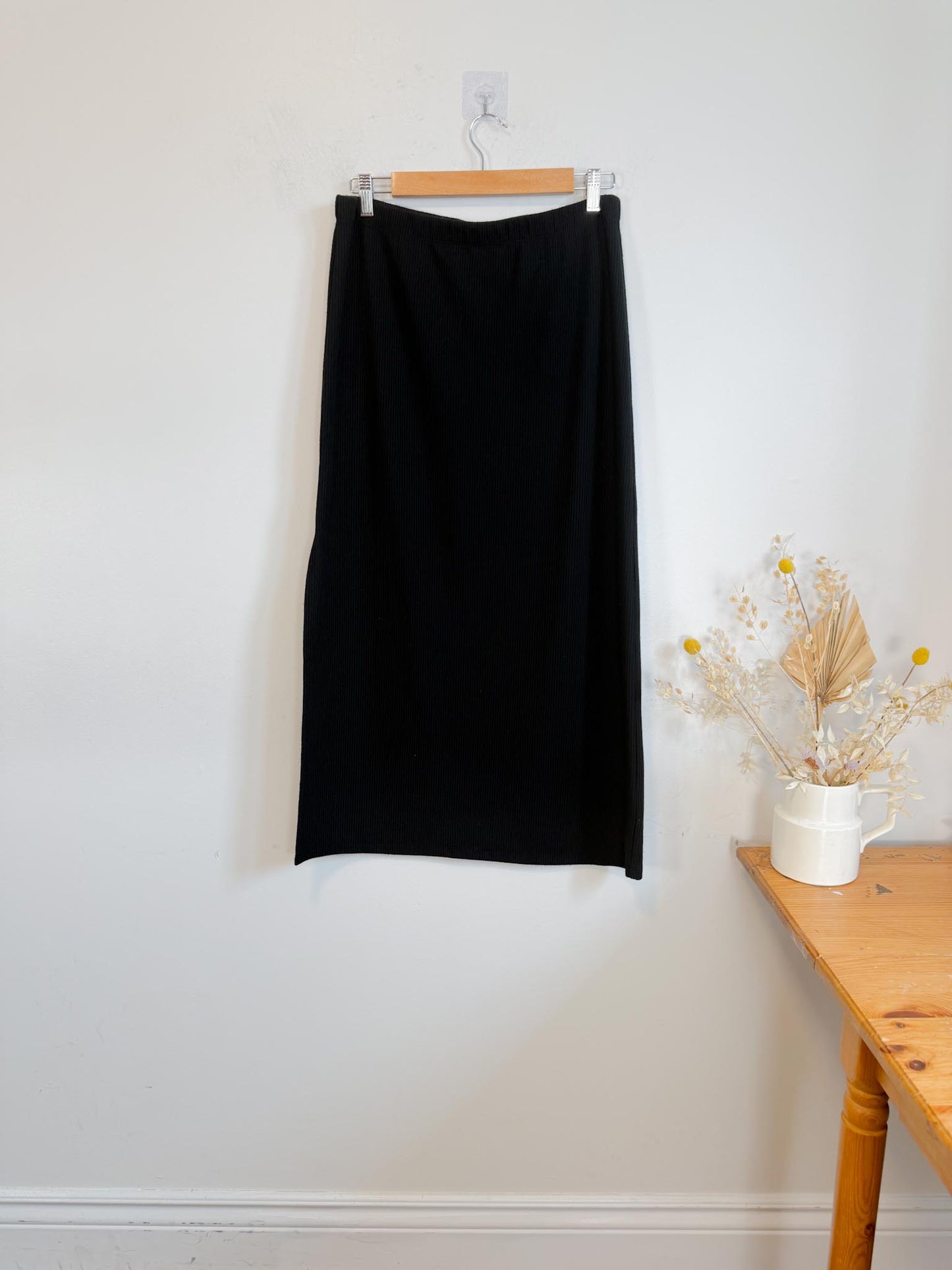 Reformation Ribbed Midi Skirt with Slit in Black (Size L)