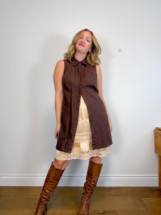 Vintage Linen Sleeveless Dress in Brown (Size M/L)