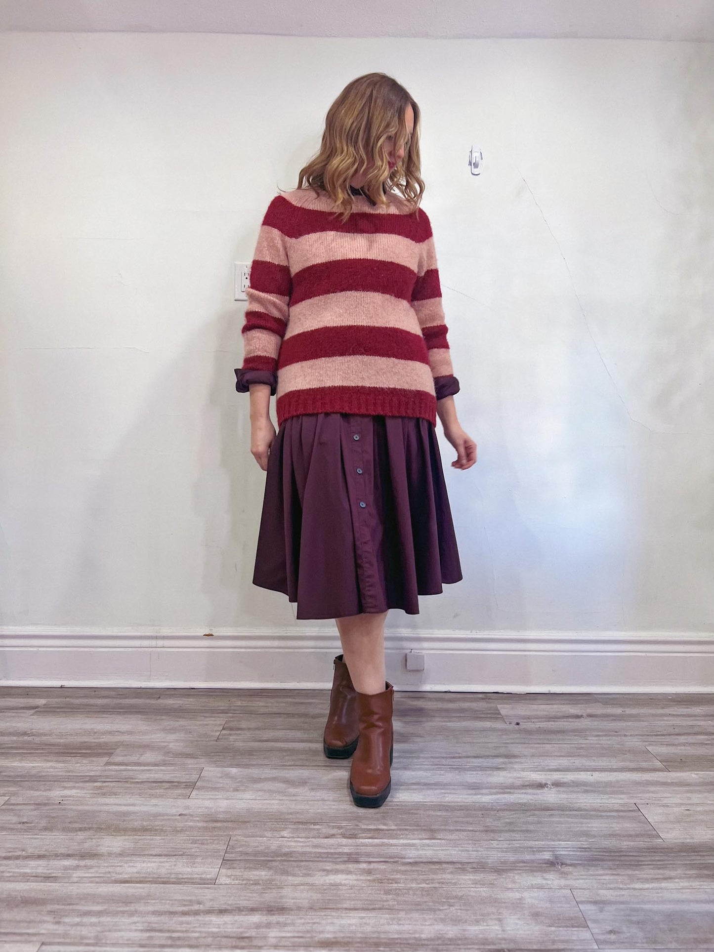 Contemporaine Simons Fuzzy Knit Striped Sweater in Pink/Red (S/M)