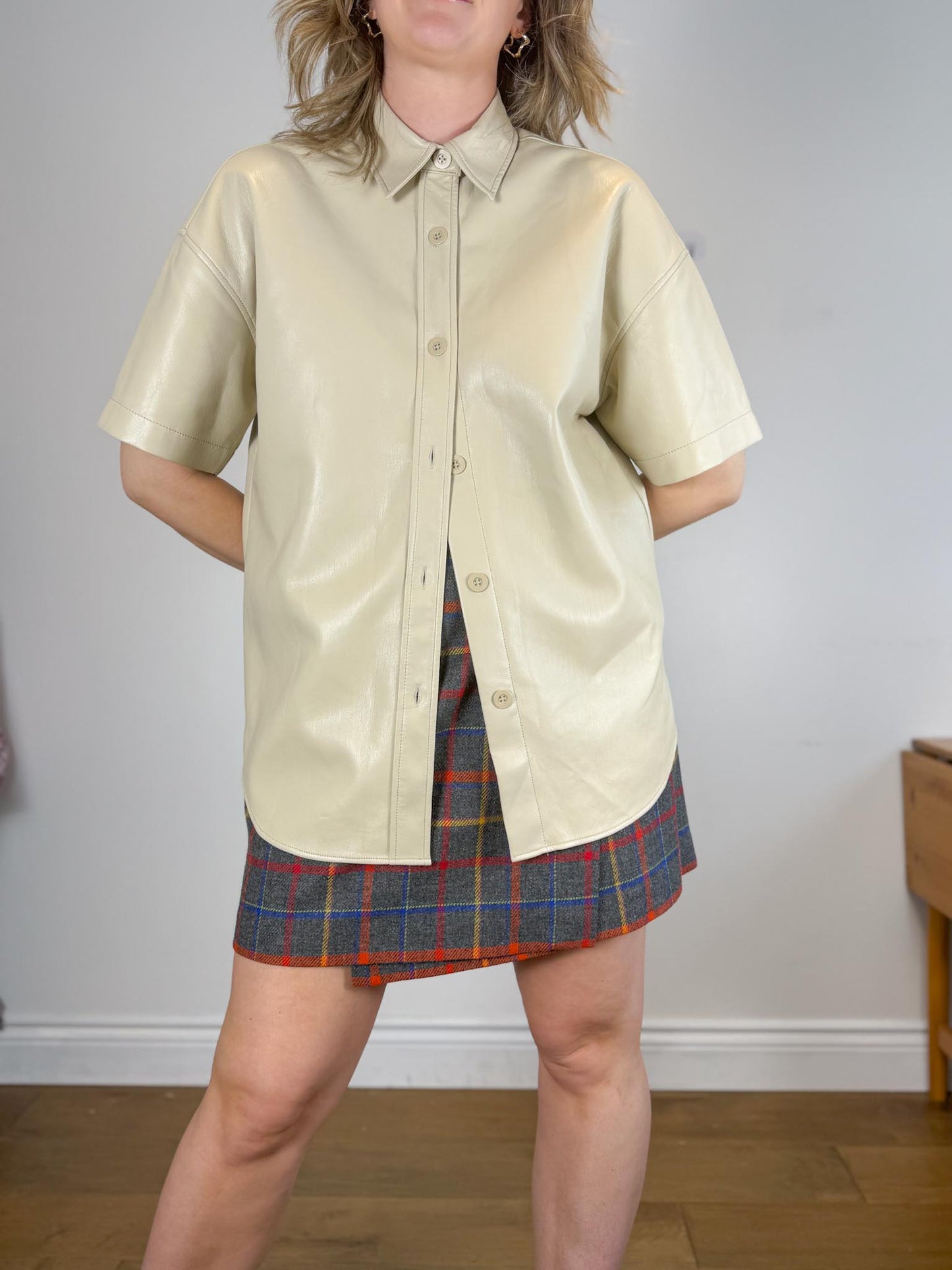 Babaton Frances Faux Leather Shirt in Cream (Size M/L)