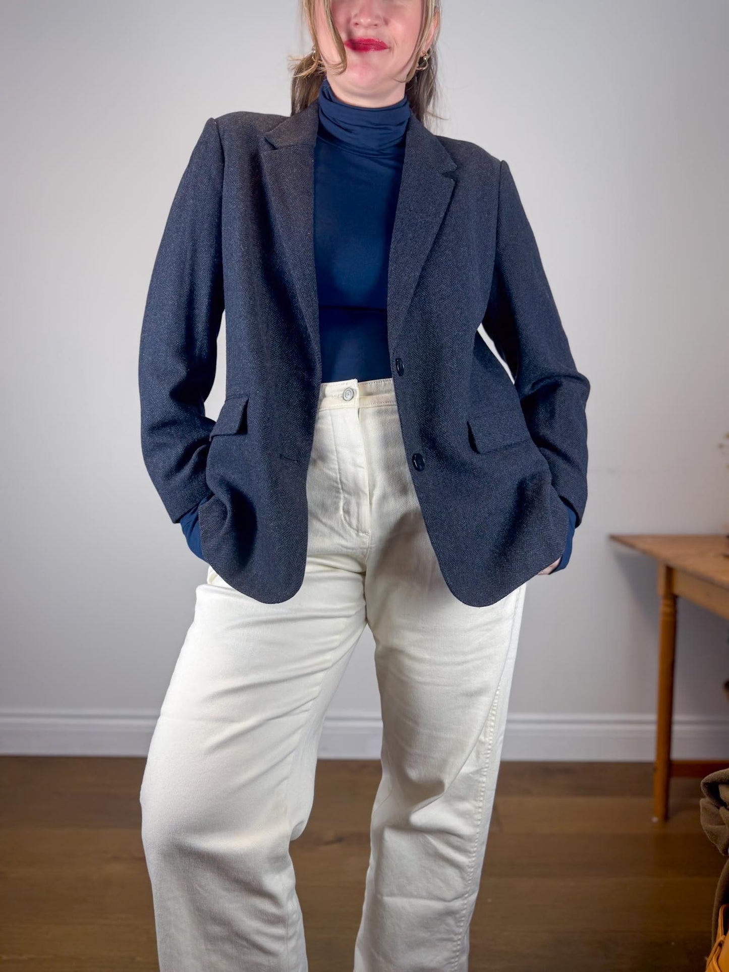 Simons Wool Blend Tweed Blazer in Navy (Size L)