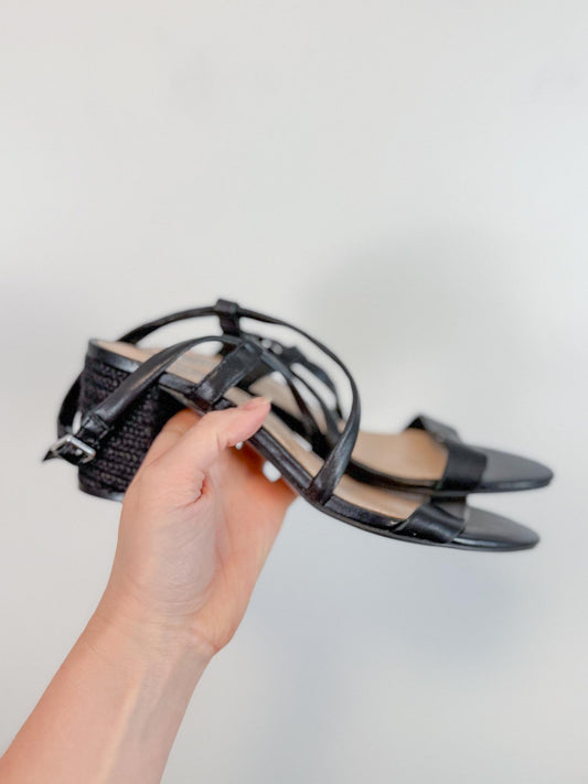 DUNE Block Heel Strappy Leather Heels in Black (Size 38)