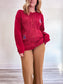 Vintage Red Cable Knit Cardigan with Embroidery (Size XL)