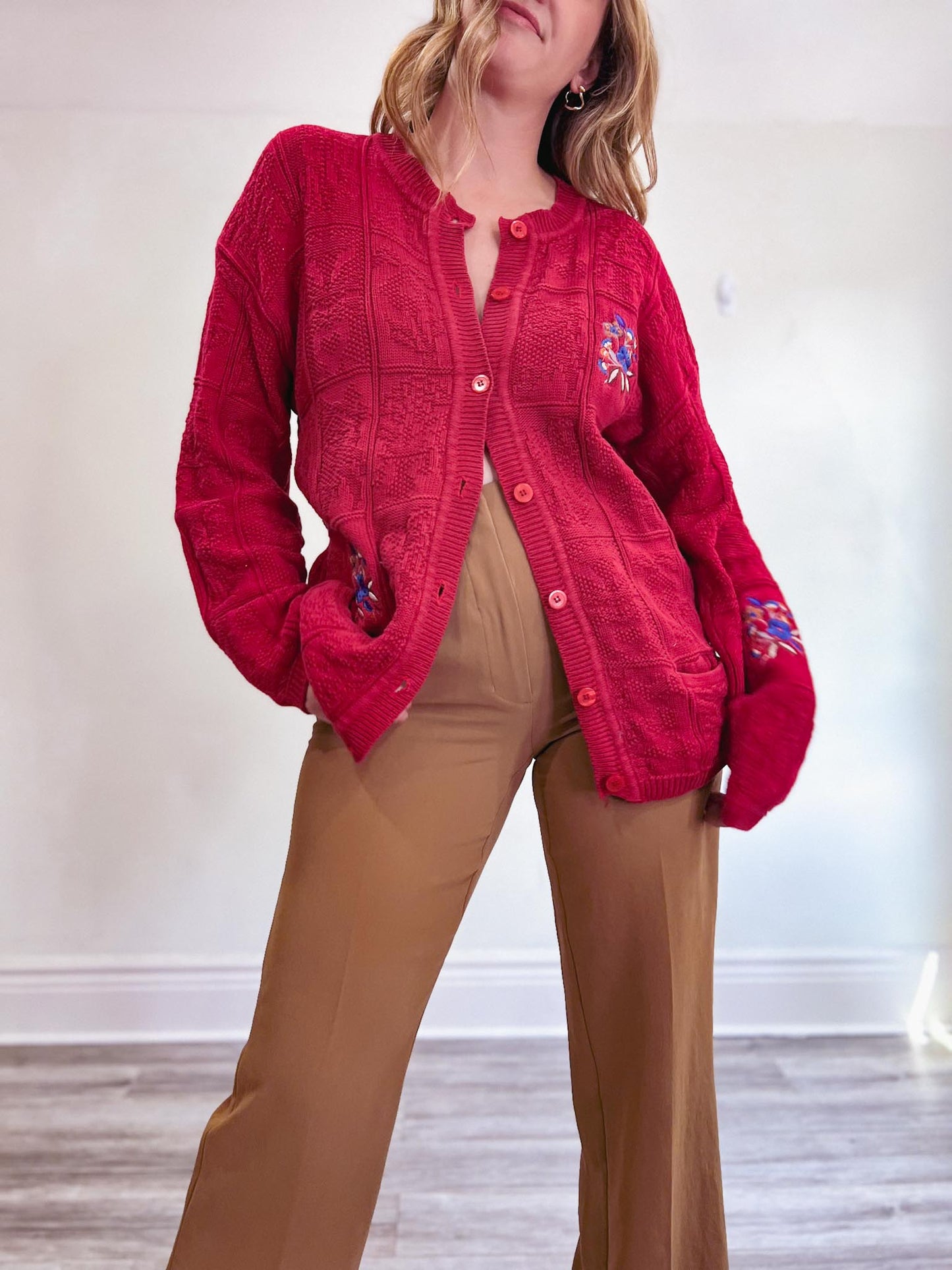 Vintage Red Cable Knit Cardigan with Embroidery (Size XL)