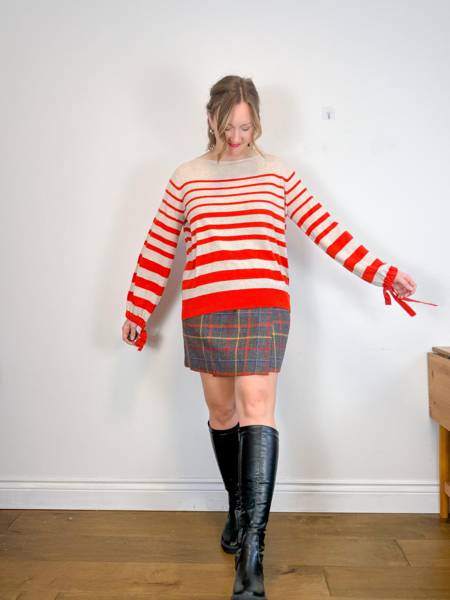 Autumn Cashmere Striped Sweater in Red/Cream (Size M/L)
