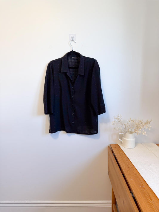 Vintage Black Short Sleeve Eyelet Blouse (Size L)