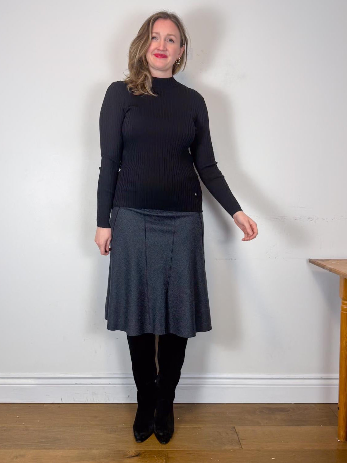 Vintage Wool Flared Midi Skirt in Dark Grey (Size S)