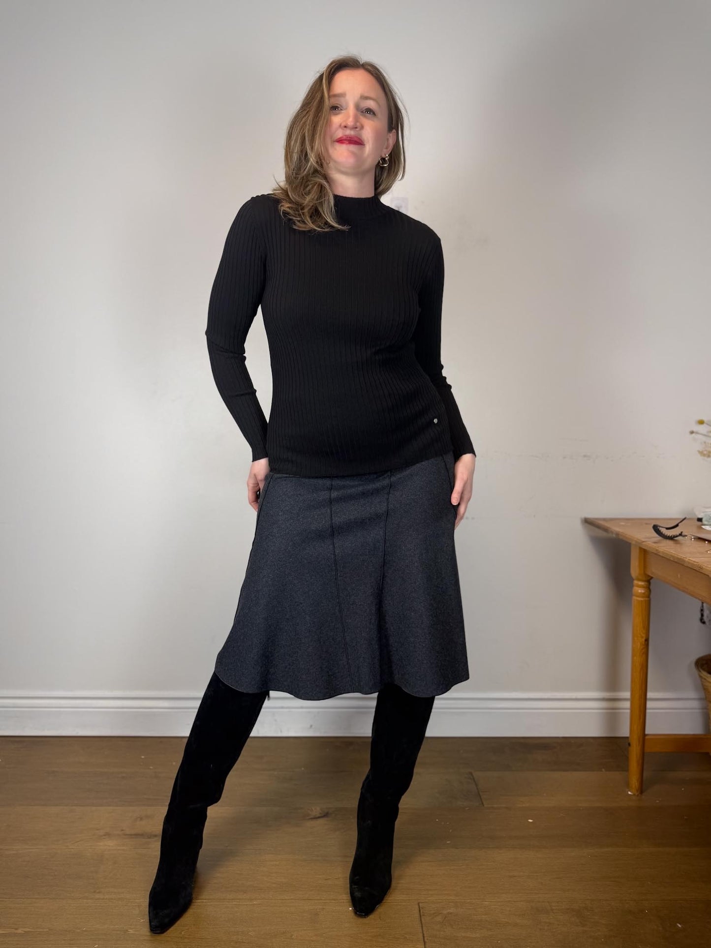 Vintage Wool Flared Midi Skirt in Dark Grey (Size S)