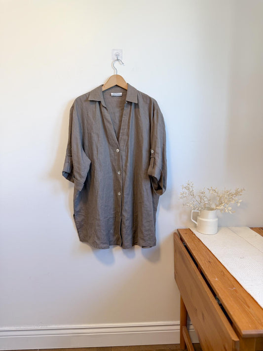 Vintage Oversized Linen Blouse in Grey Brown (Size XL)
