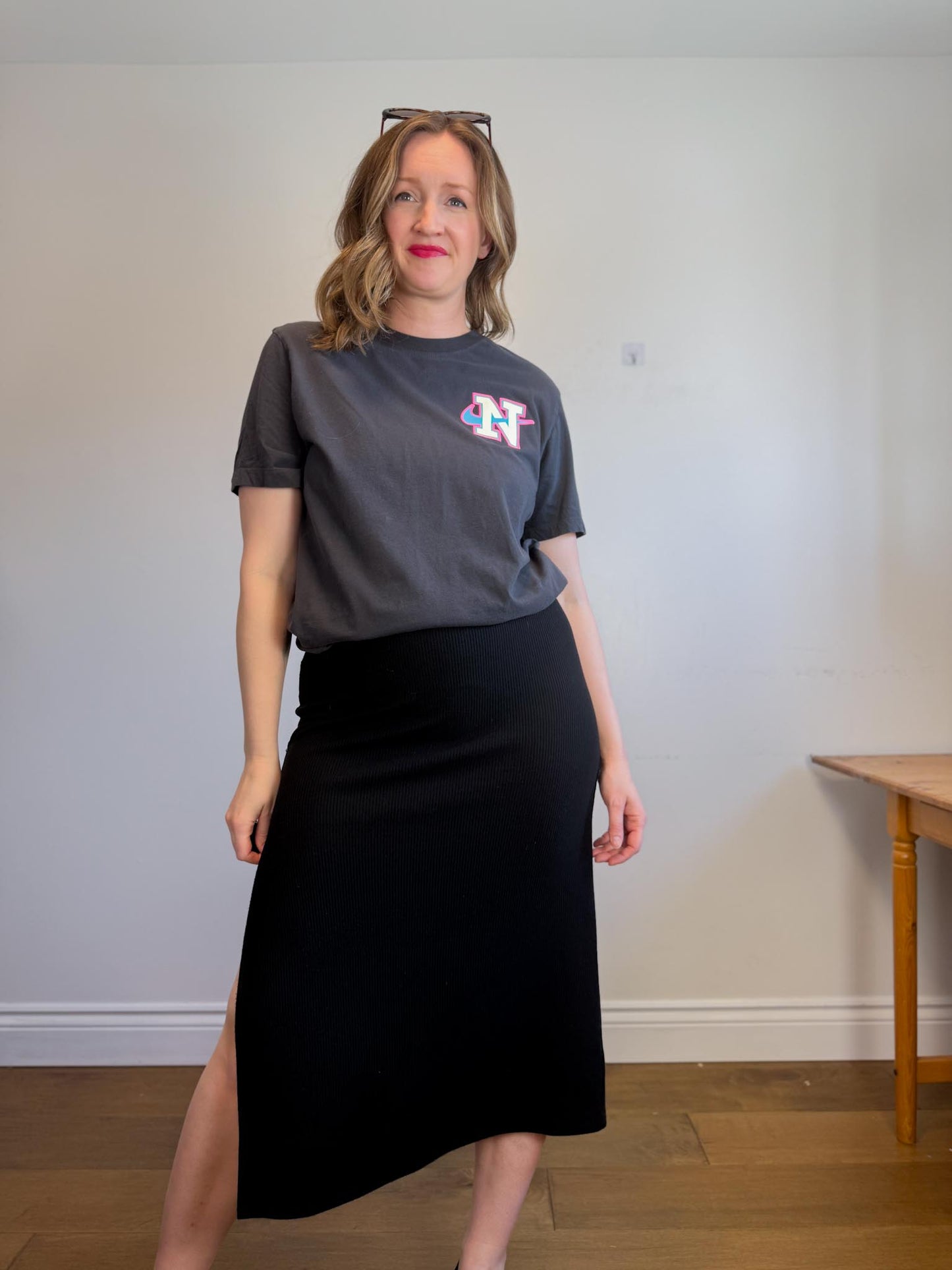 Reformation Ribbed Midi Skirt with Slit in Black (Size L)