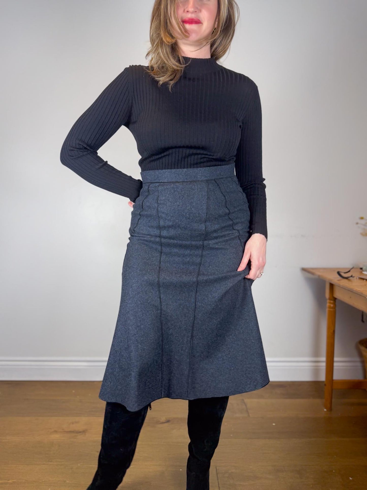 Vintage Wool Flared Midi Skirt in Dark Grey (Size S)
