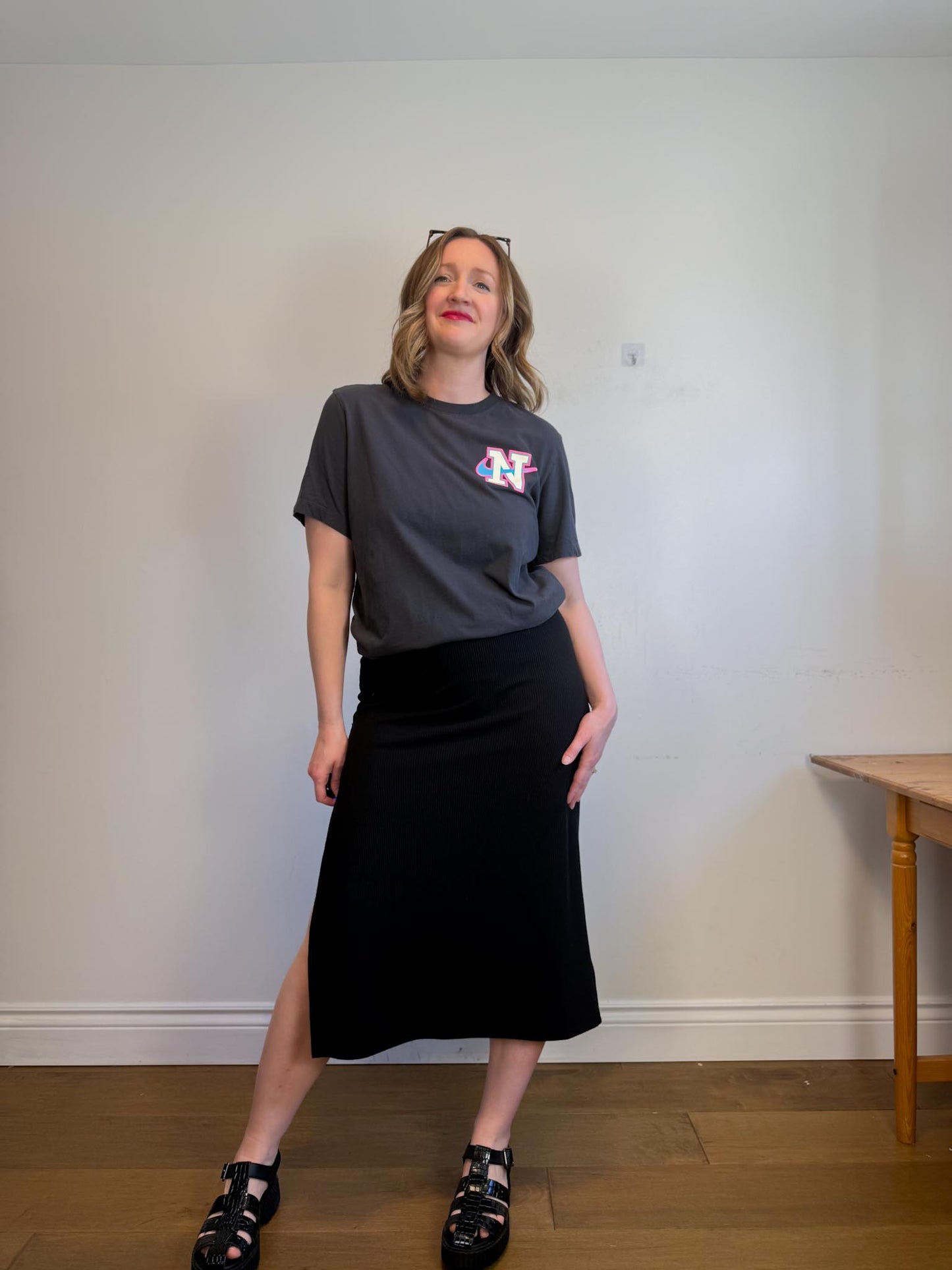 Reformation Ribbed Midi Skirt with Slit in Black (Size L)