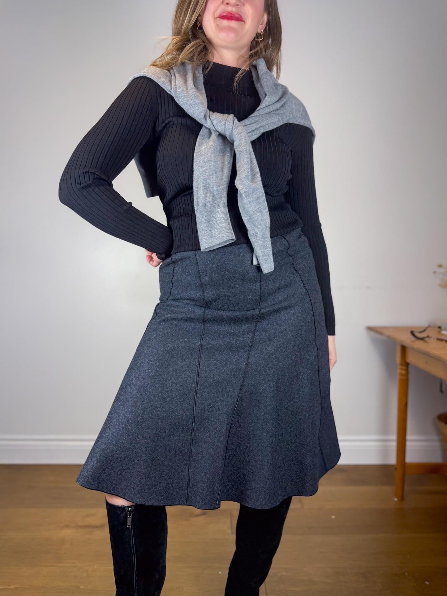 Vintage Wool Flared Midi Skirt in Dark Grey (Size S)