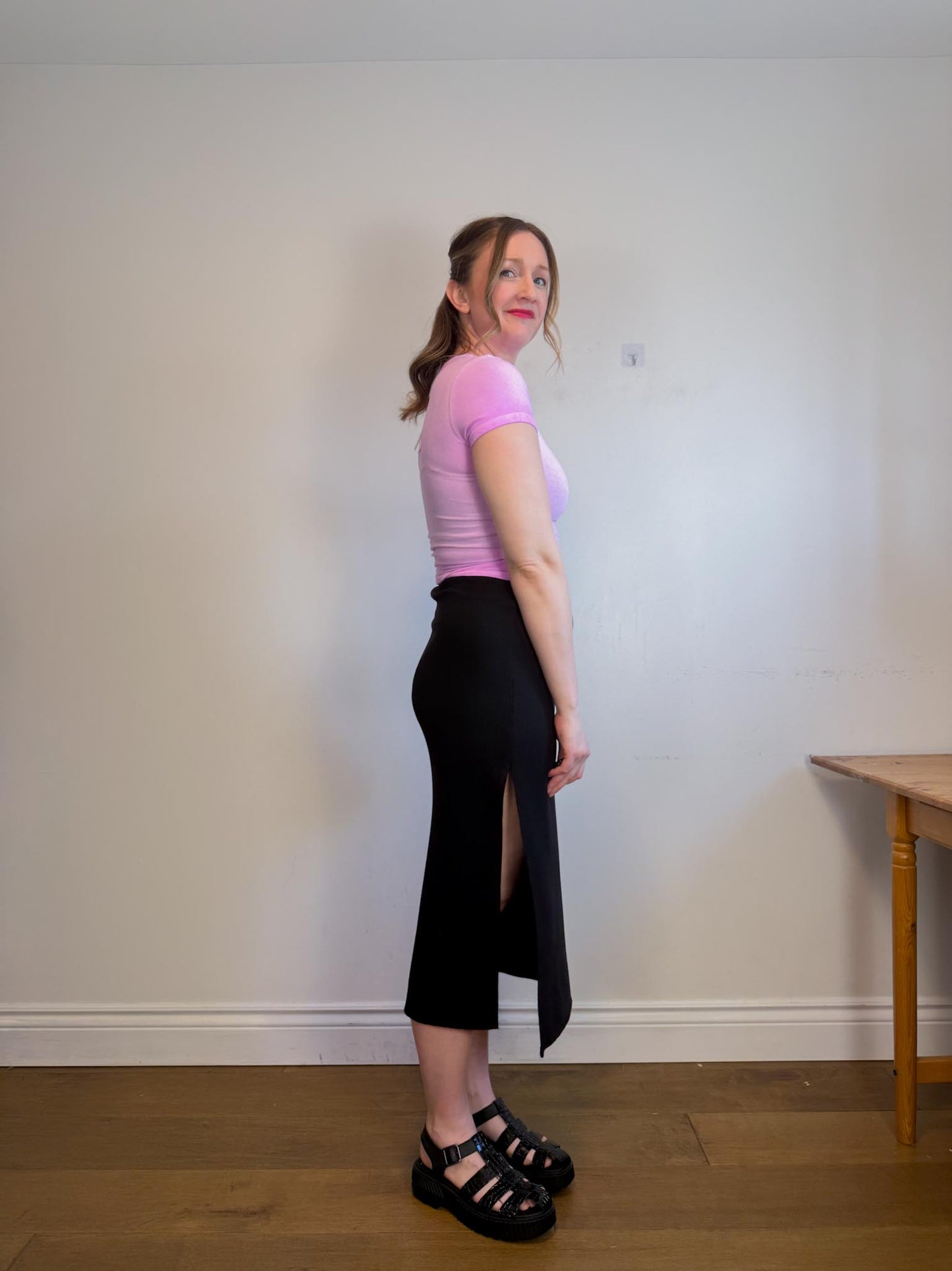 Reformation Ribbed Midi Skirt with Slit in Black (Size L)