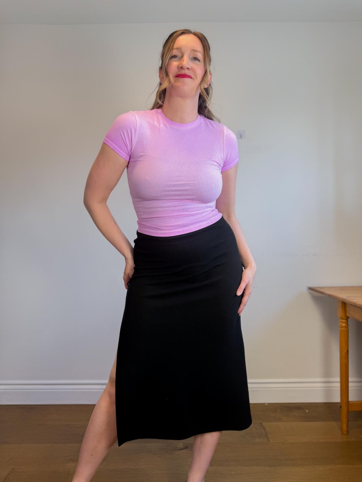 Reformation Ribbed Midi Skirt with Slit in Black (Size L)
