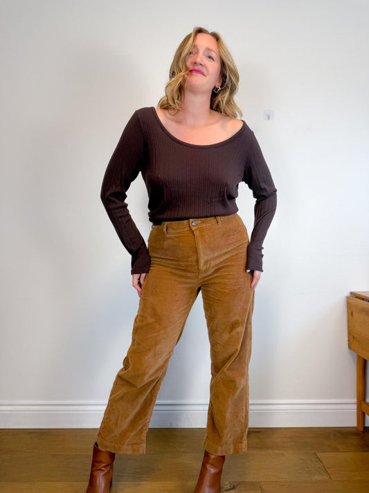 Madewell "Pointelle Long-Sleeve Scoopneck Tee in Brown" (Size 2XL)