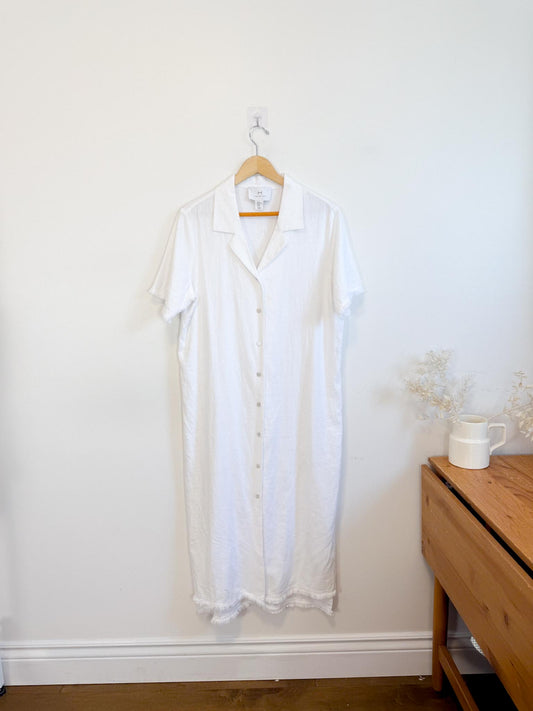 Halston Linen Shirt Dress in White with Distressed Hem (Size L/XL)