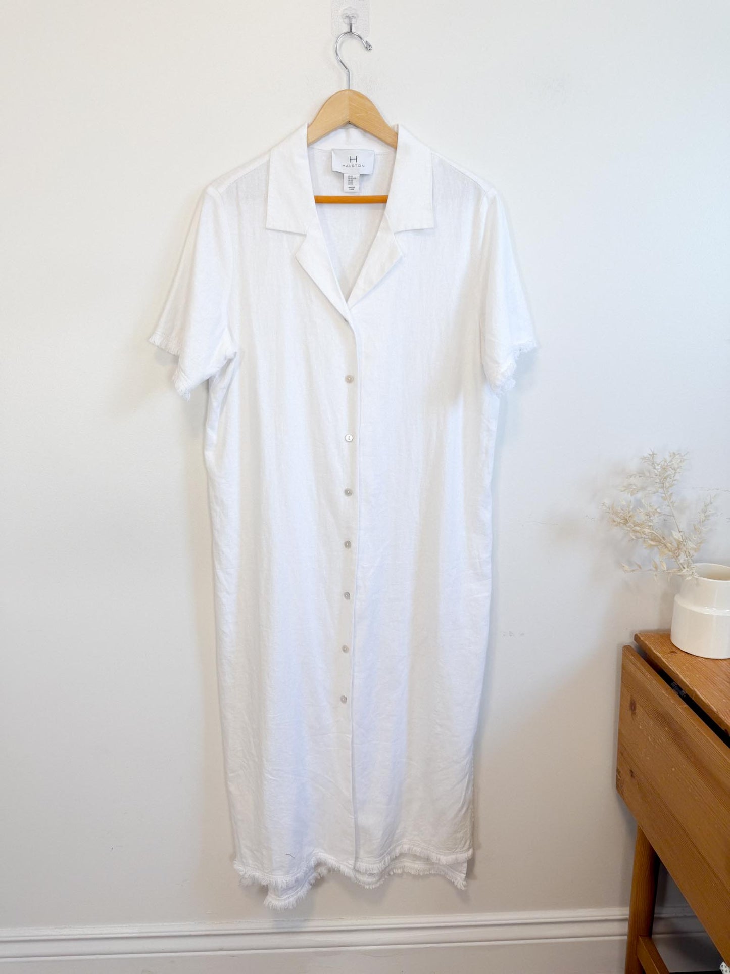 Halston Linen Shirt Dress in White with Distressed Hem (Size L/XL)