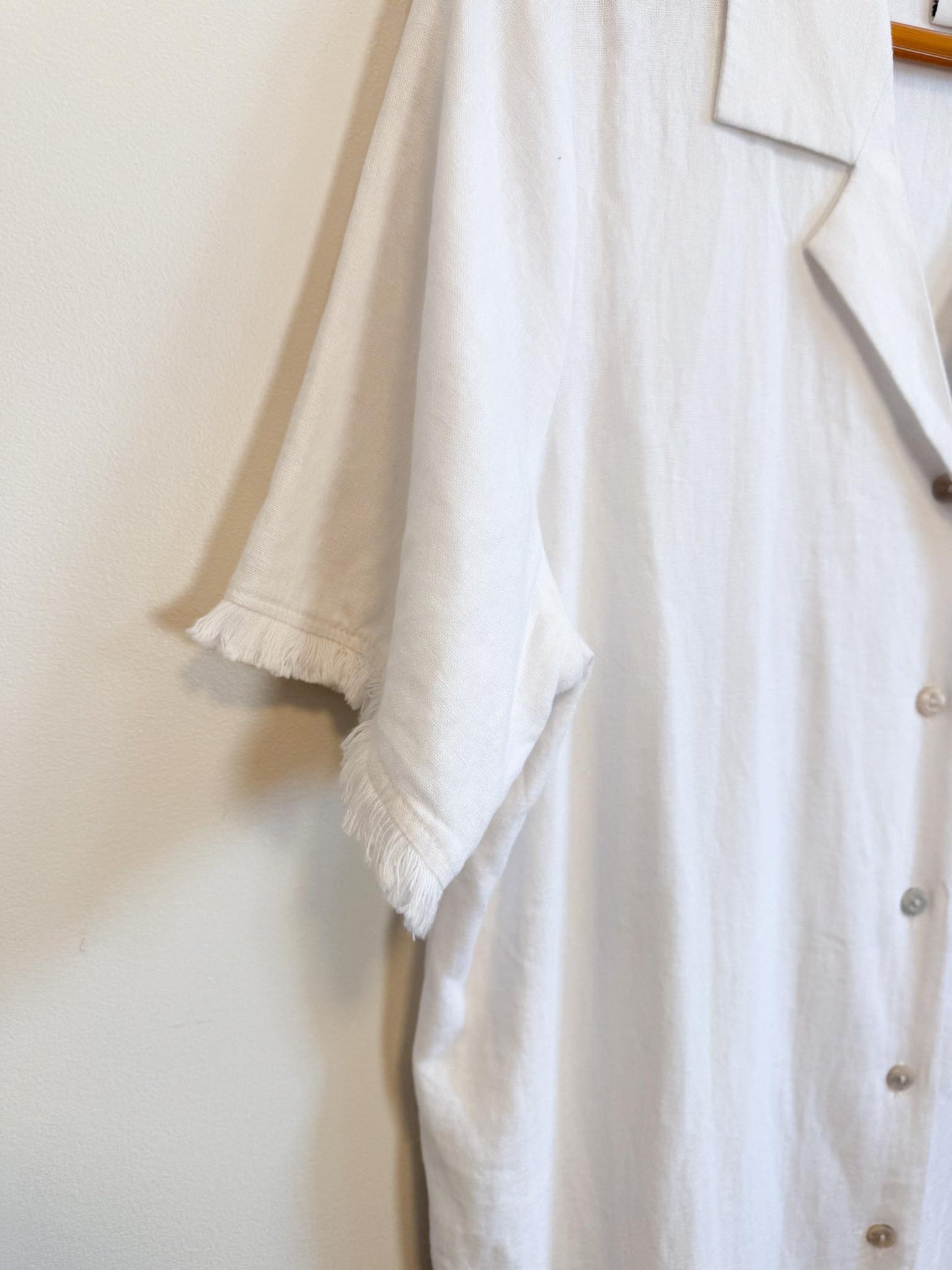 Halston Linen Shirt Dress in White with Distressed Hem (Size L/XL)