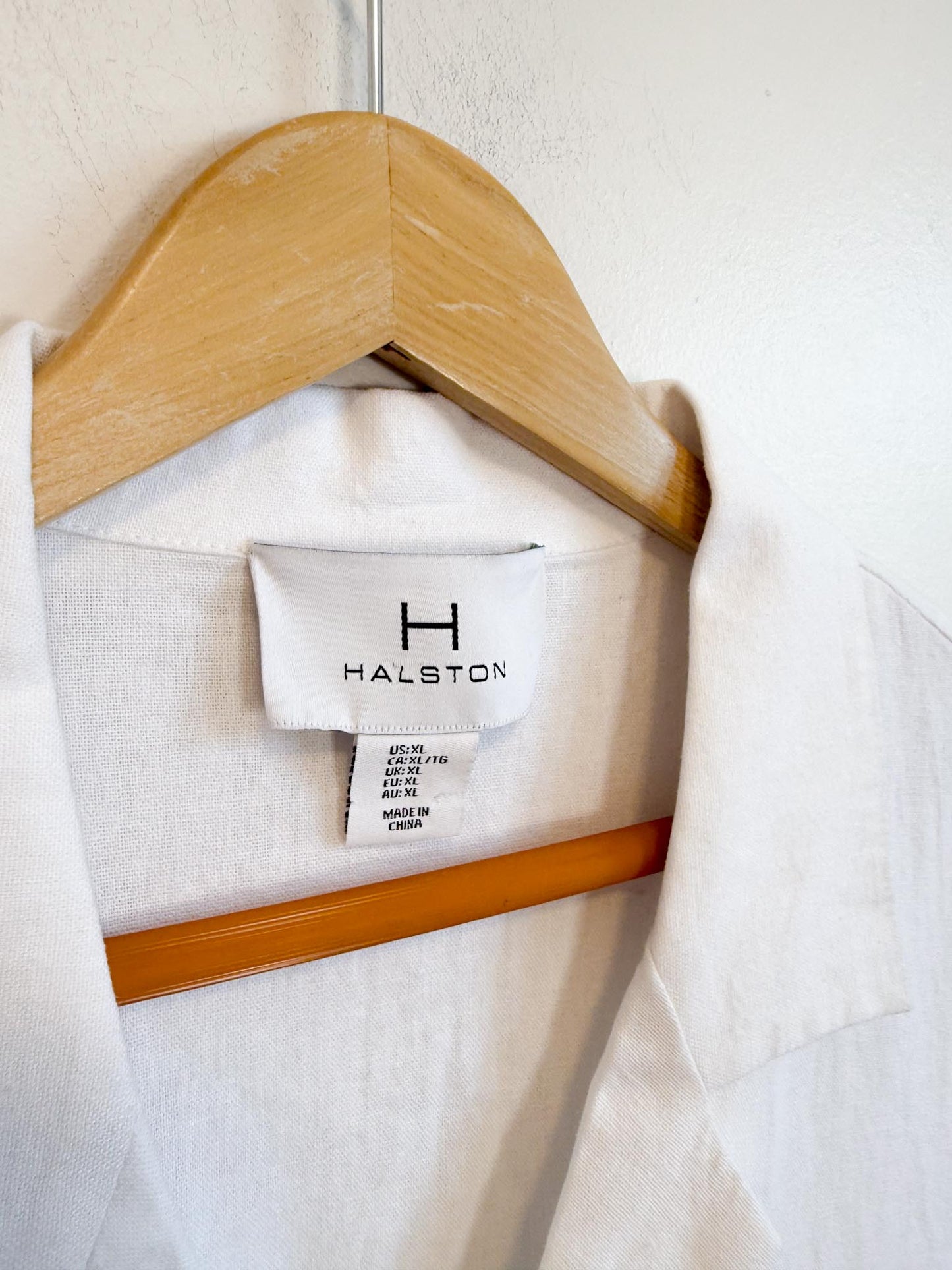 Halston Linen Shirt Dress in White with Distressed Hem (Size L/XL)