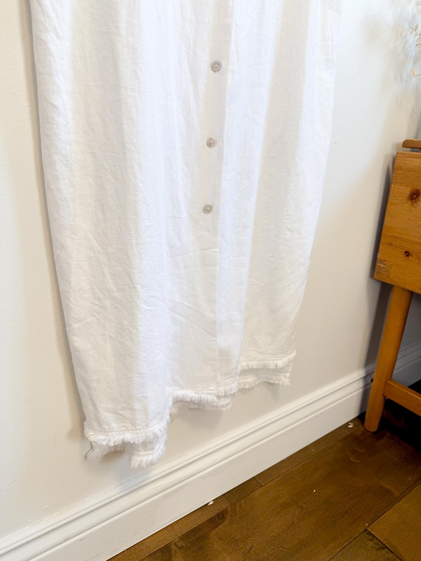 Halston Linen Shirt Dress in White with Distressed Hem (Size L/XL)