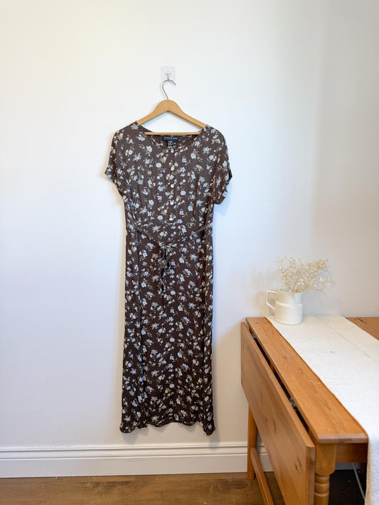 Vintage Floral Midi Dress in Brown/Blue (Size M/L)