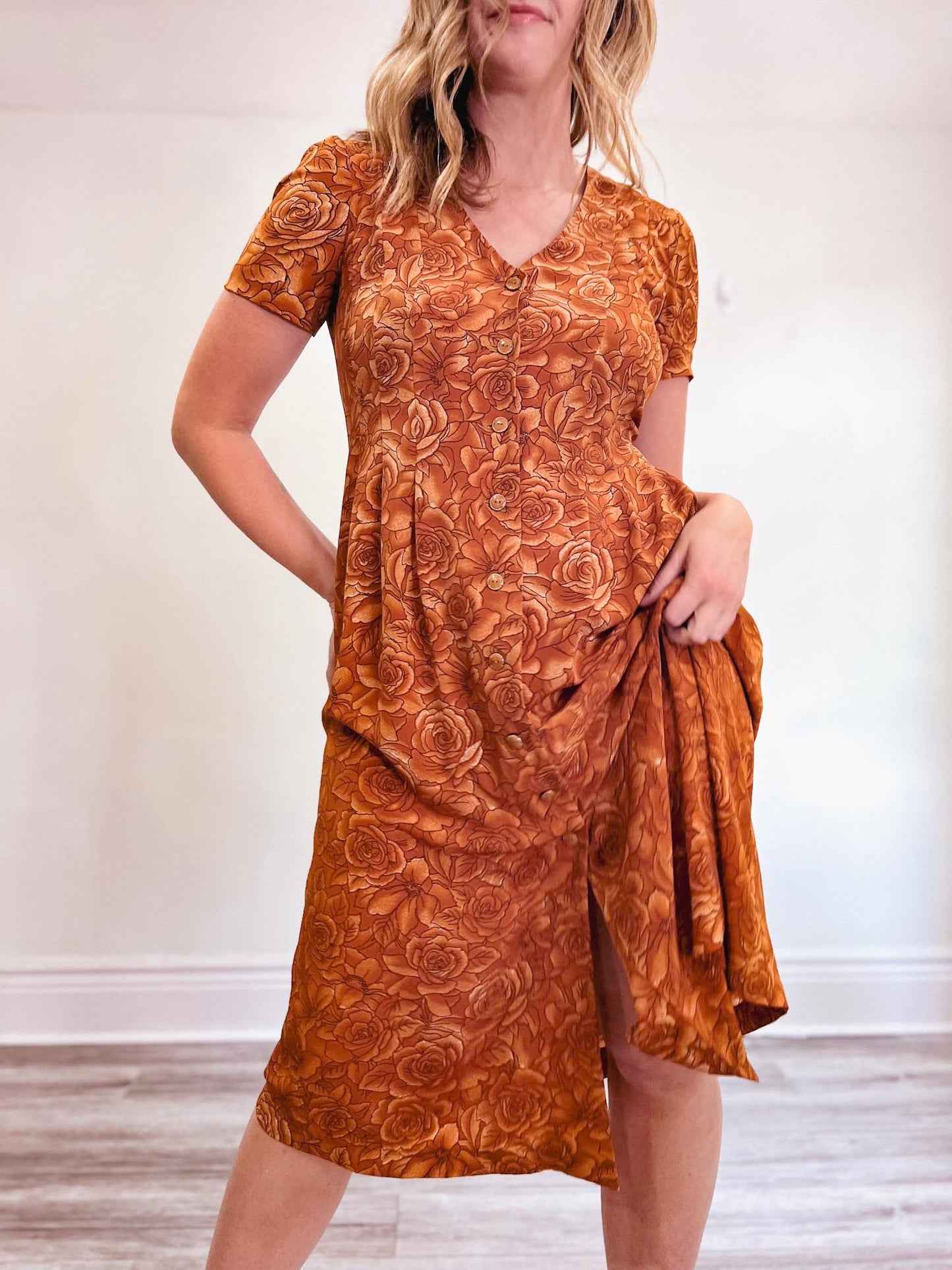 Vintage Floral Midi Dress in Burnt Orange (Size L)