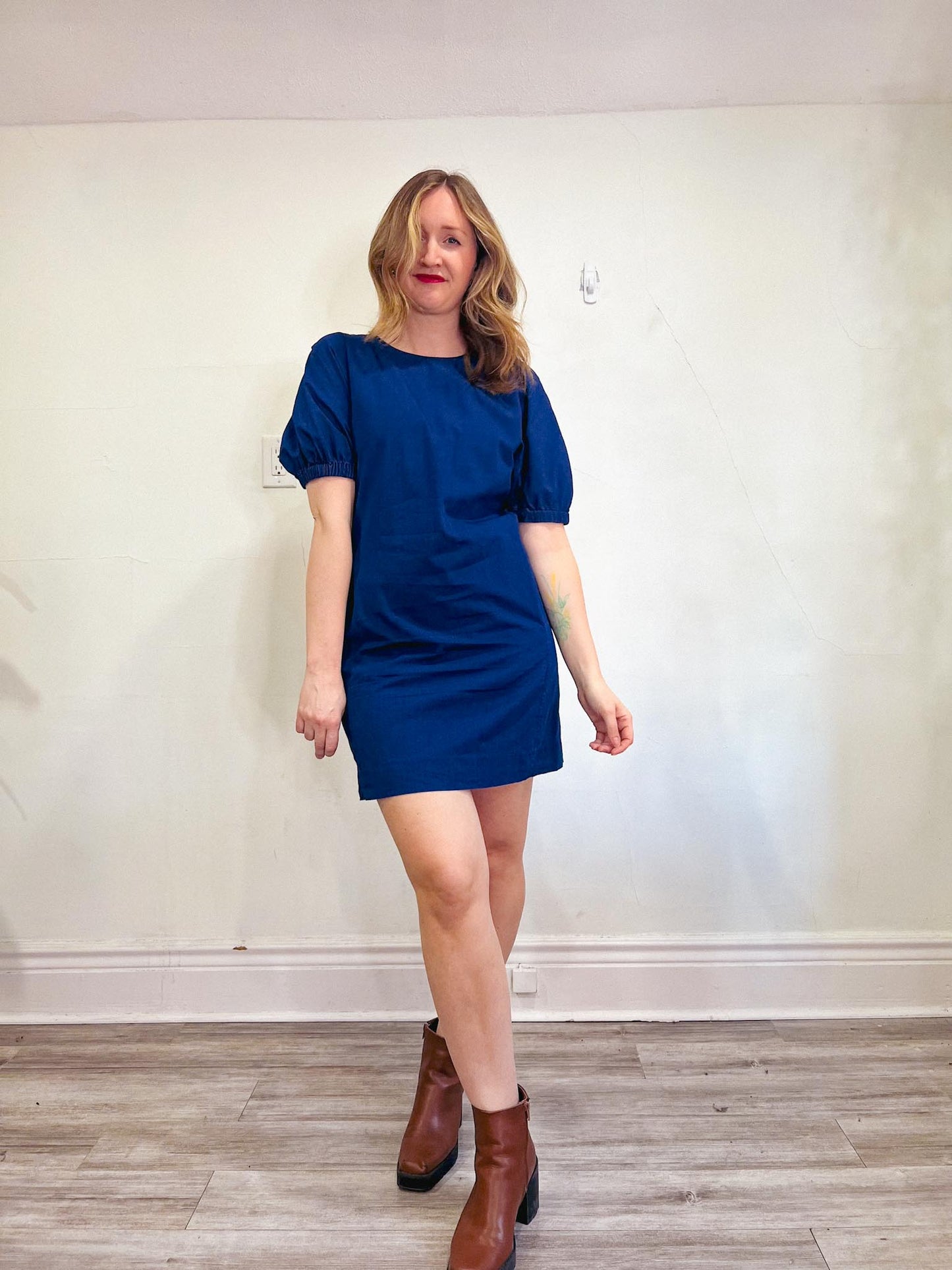 COS Blue Cotton Puff Sleeve Mini Dress (Size M)