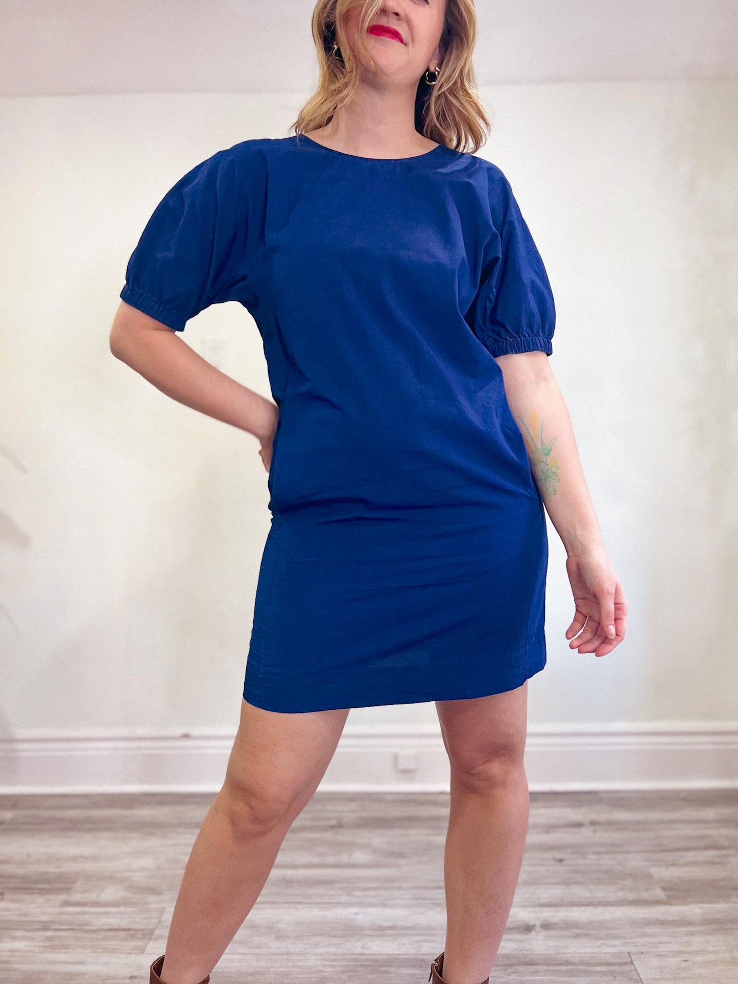 COS Blue Cotton Puff Sleeve Mini Dress (Size M)