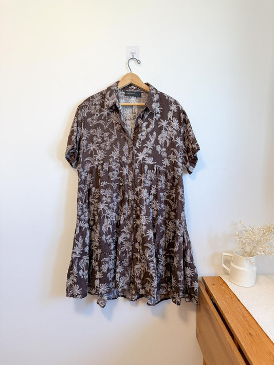 DECJUBA Babydoll Linen Mini Dress in Brown/White Print (Size S-L)