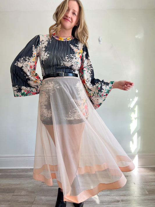 Vintage Sheer Twirl Overlay Midi Skirt in Pink (Size S/M)