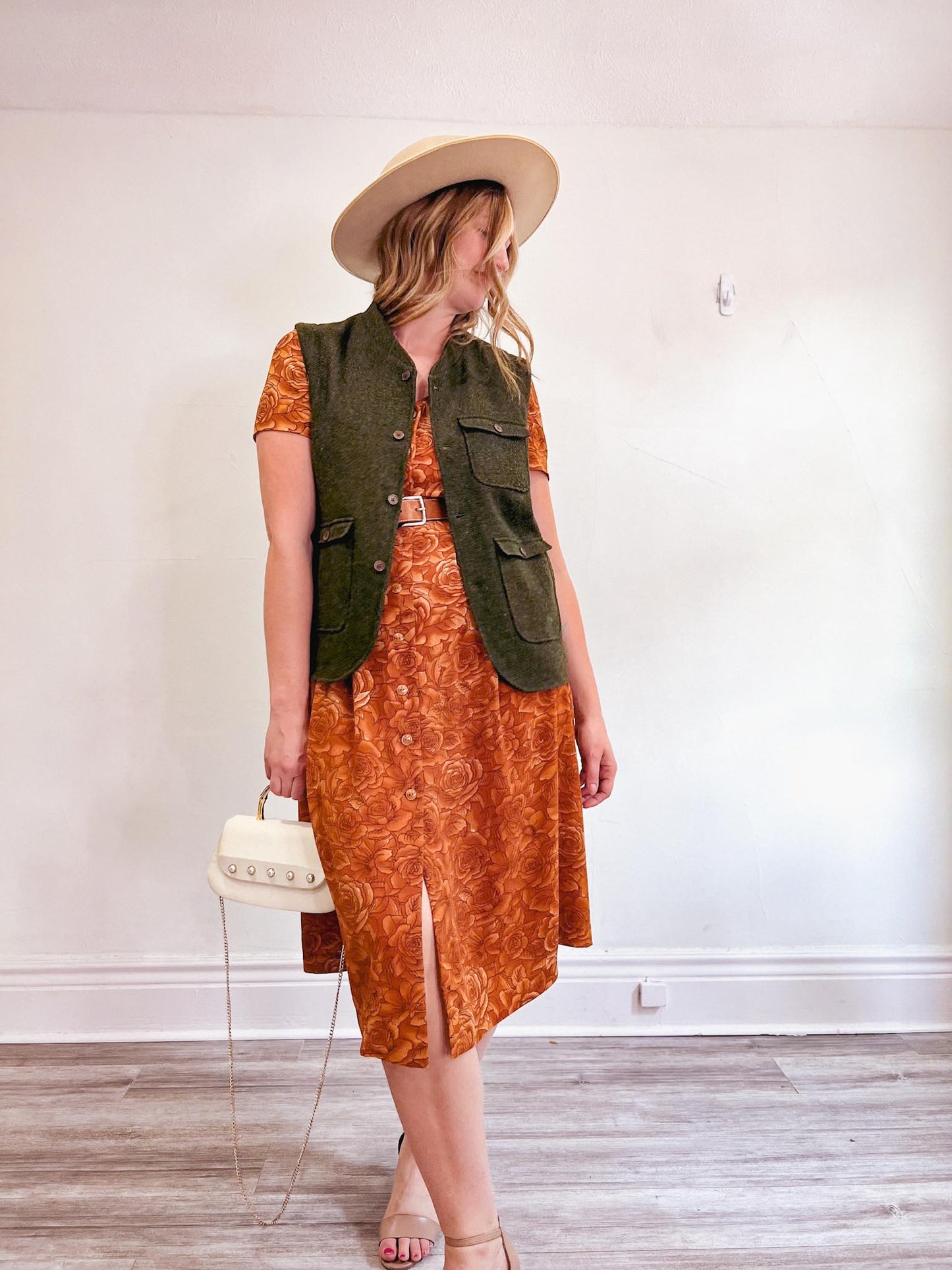 Vintage Floral Midi Dress in Burnt Orange (Size L)