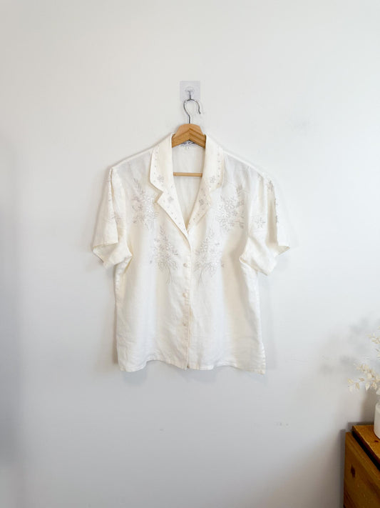 Vintage Embroidered Linen Blouse (Size L)