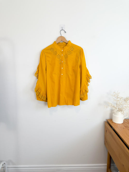 J.Crew Ruffled Eyelet Blouse in Mustard (Size M/L)