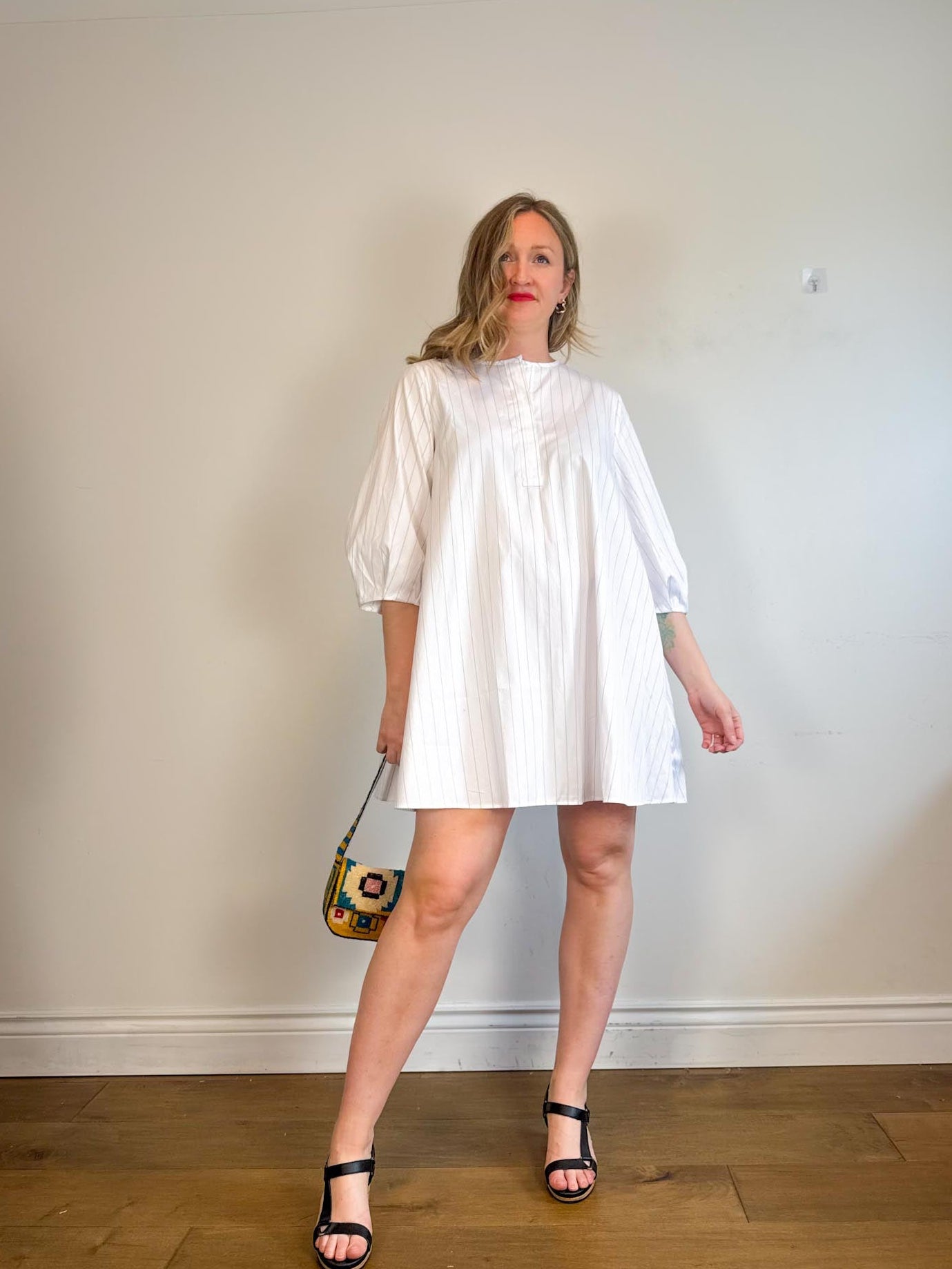 Banana Republic "Eyelet Puff-Sleeve Mini Dress in White/Lavender Stripe" NWT (Size L)
