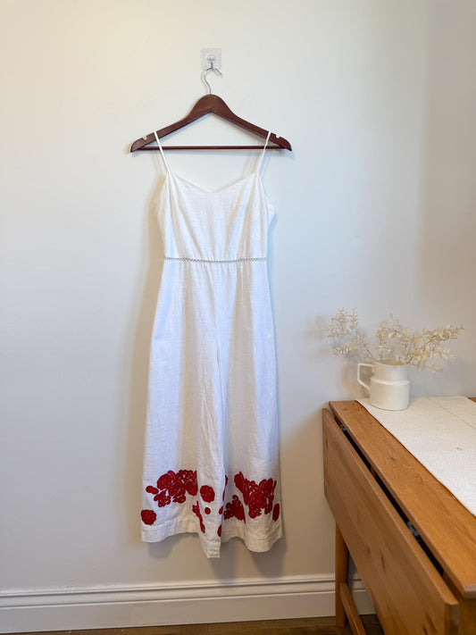 Club Monaco Wide Leg Jumpsuit with Red Floral Embroidery (Size S)