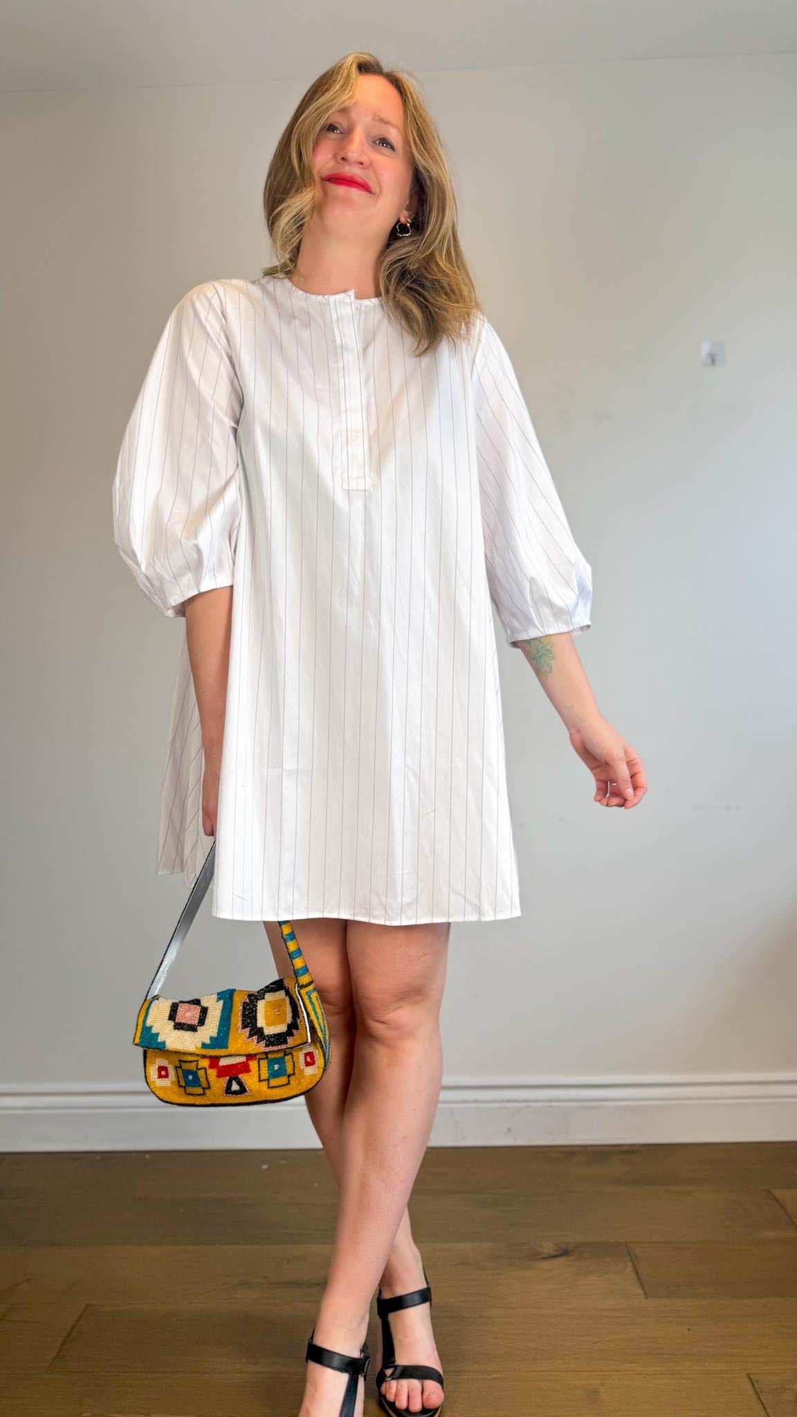 Banana Republic "Eyelet Puff-Sleeve Mini Dress in White/Lavender Stripe" NWT (Size L)