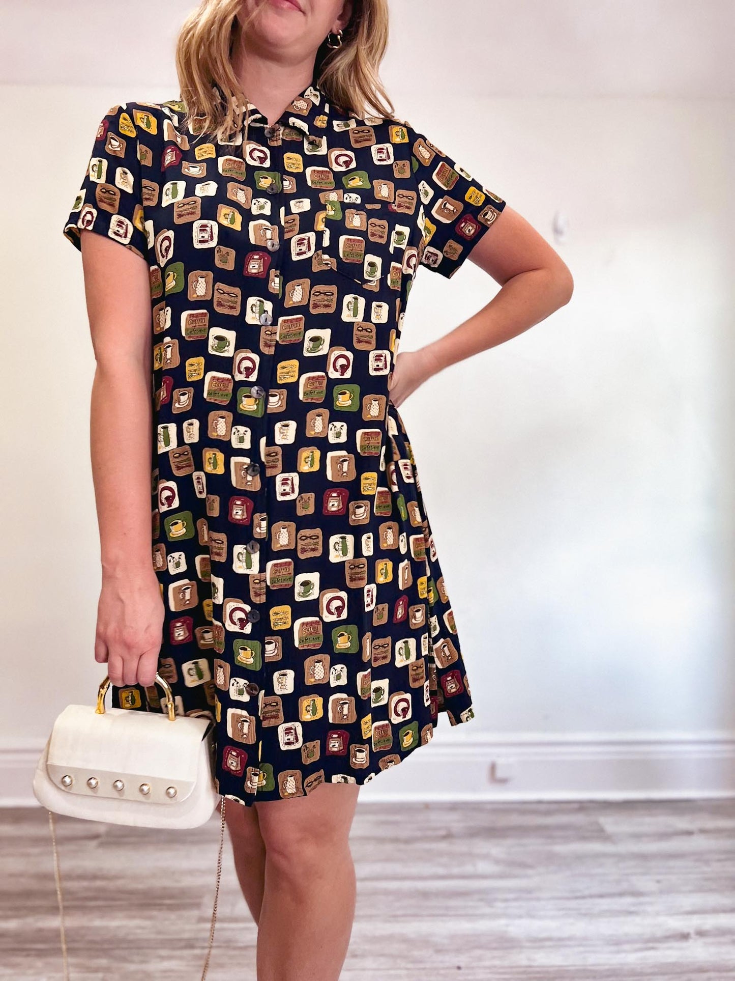 Vintage Coffee Print Shirt Dress (Size L/XL)