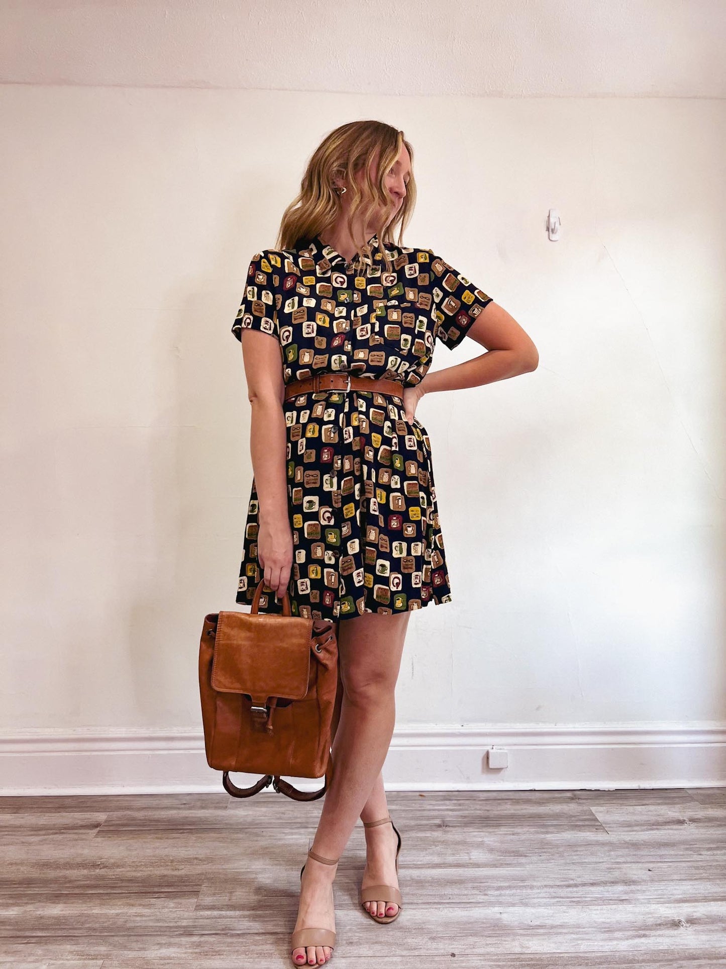 Vintage Coffee Print Shirt Dress (Size L/XL)