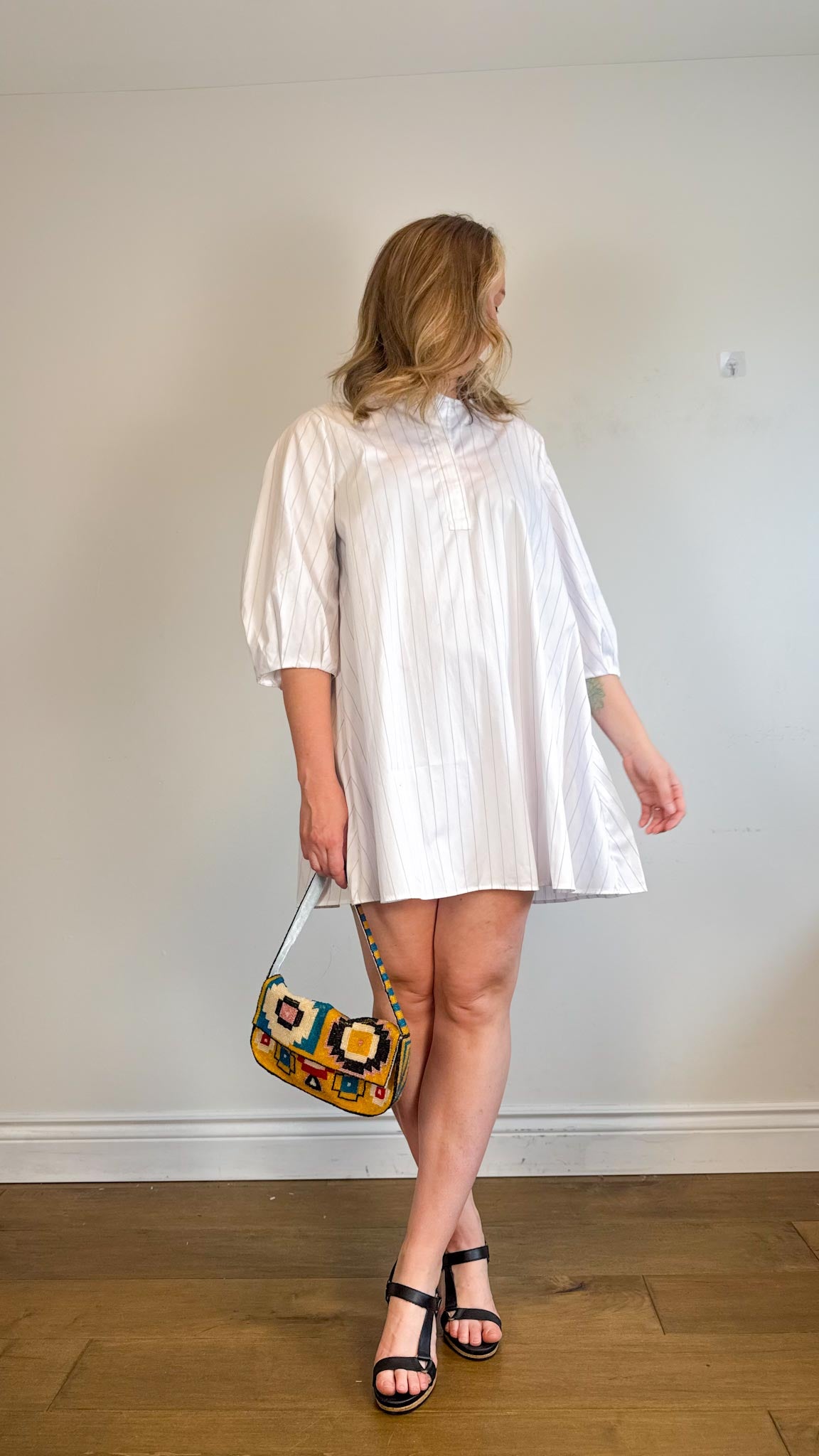 Banana Republic "Eyelet Puff-Sleeve Mini Dress in White/Lavender Stripe" NWT (Size L)