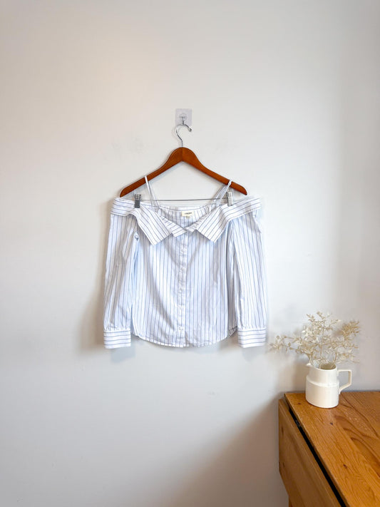 L’AGENCE Off the Shoulder "Larisa Blouse in White/Blue Stripe" (Size S/M)
