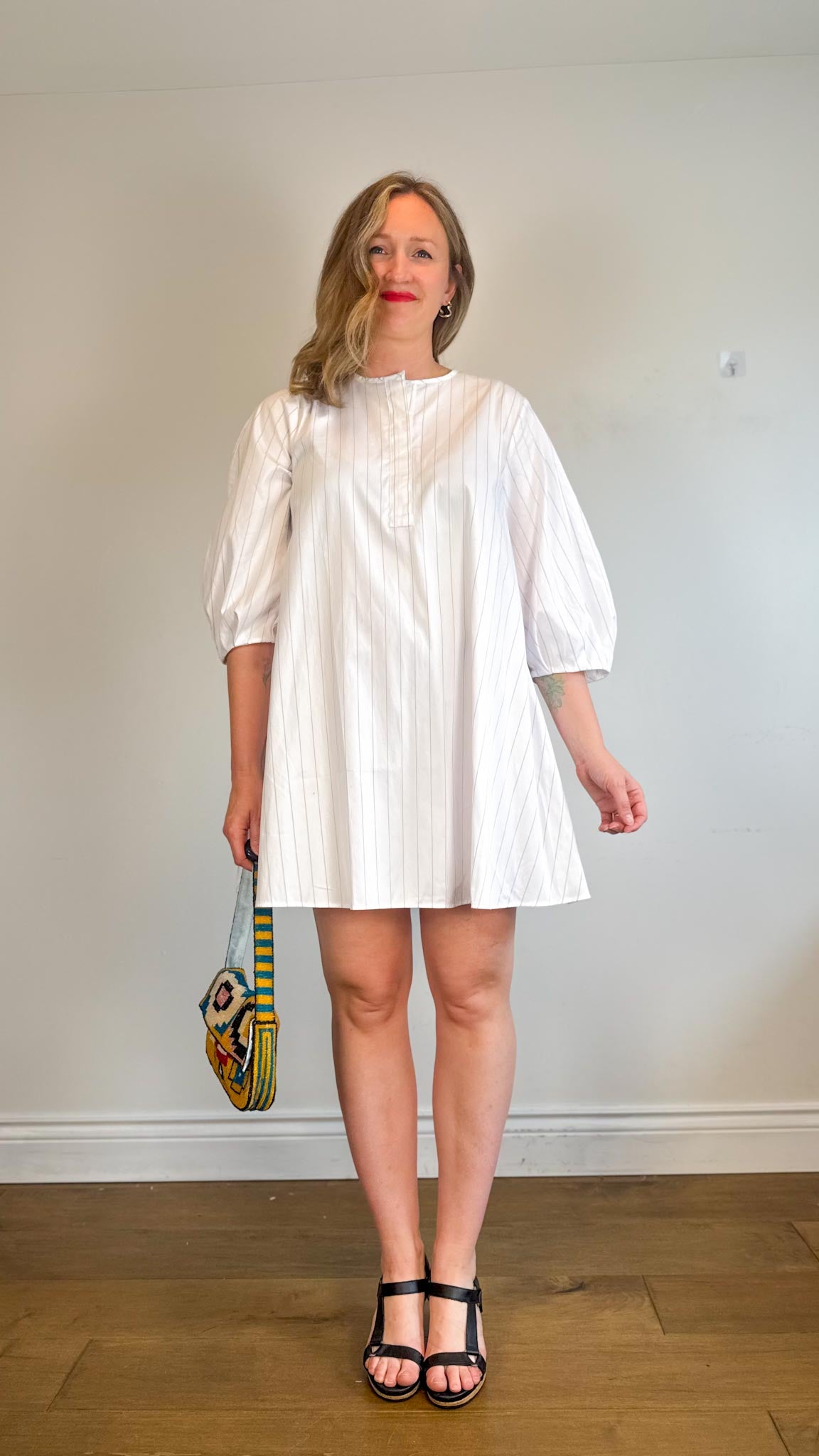 Banana Republic "Eyelet Puff-Sleeve Mini Dress in White/Lavender Stripe" NWT (Size L)