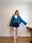 Hand Knit Daisy Pocket Cardigan in Teal with Embroidered Daisies (Size L/XL)