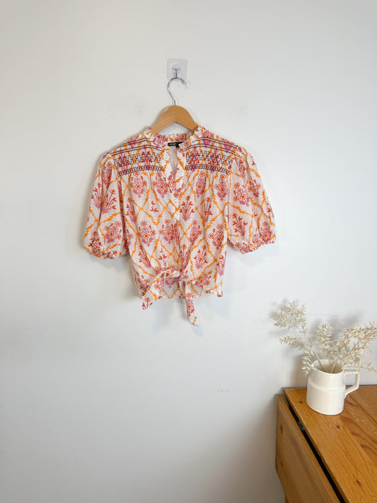 Maje Embroidered Cropped Blouse with Front Tie in White/Pink/Orange (Size M)