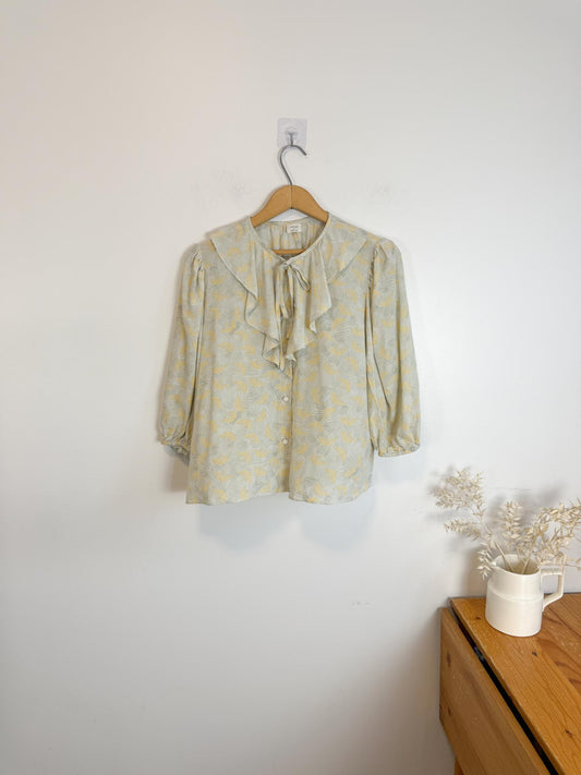 Wilfred Silk Ruffle Collar Blouse in Pastel Green/Yellow (Size M)