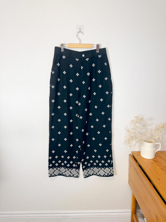 Rachel Zoe Embroidered Wide Leg Linen Pants in Black (Size 12)