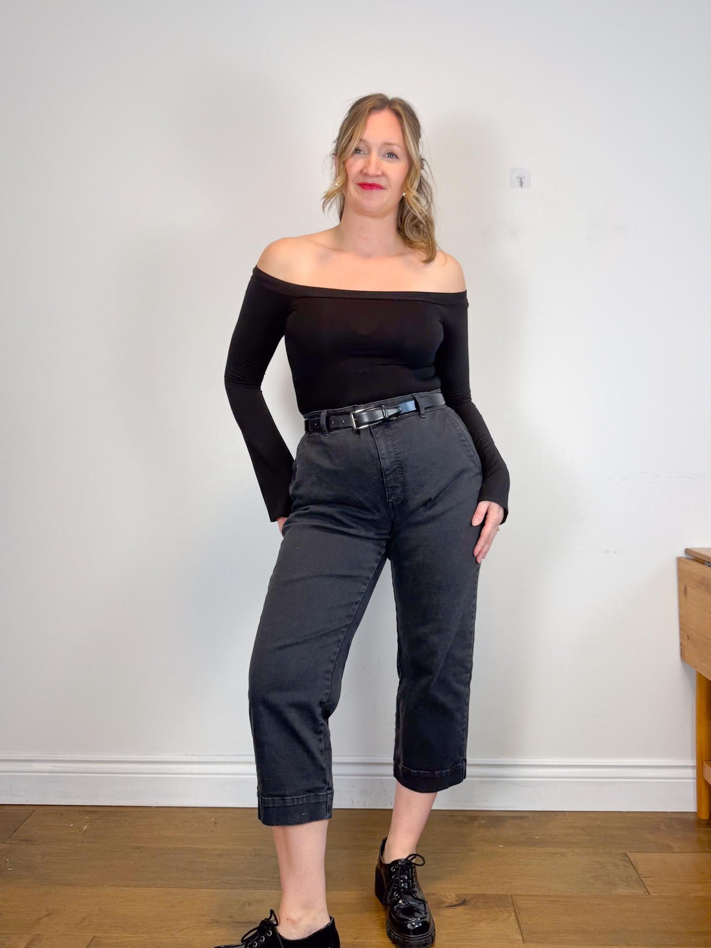 Reformation Off the Shoulder Cropped Long Sleeve Top in Black (Size S)