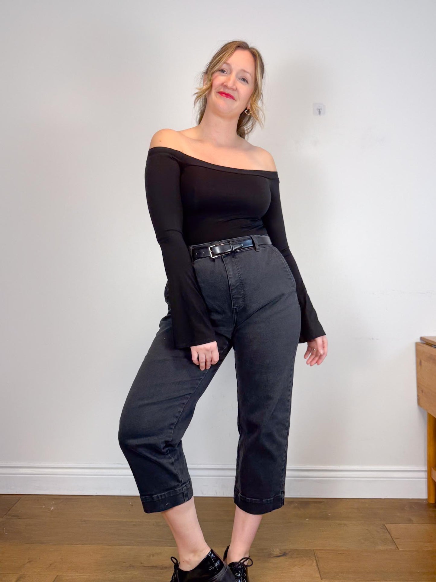 Reformation Off the Shoulder Cropped Long Sleeve Top in Black (Size S)