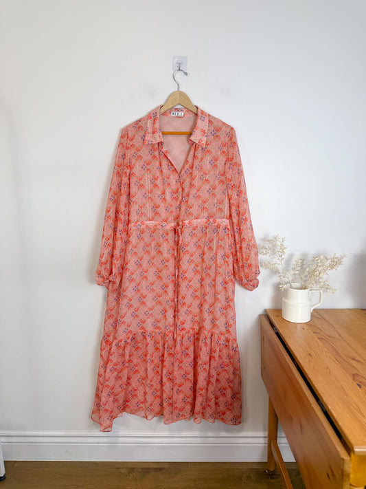 WEILL Silk Long Sleeve Maxi Dress in Pink/Gold (Size L-2XL)